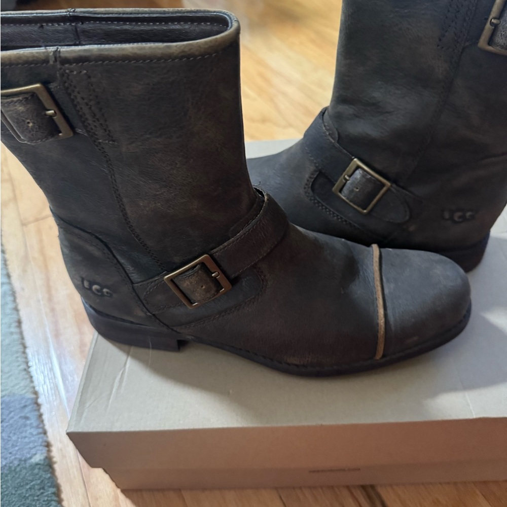UGG Dark Gray Leather Buckle Boots